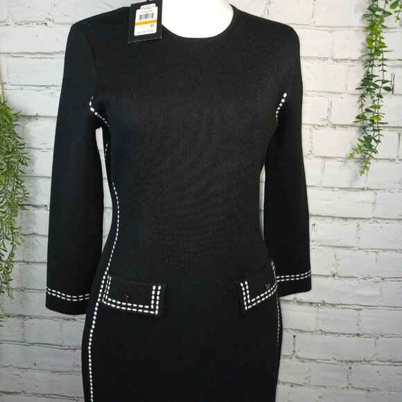 DKNY SWEATER SHEATH FITTED DRESS, BLACK WITH WHITE STITCHING, SIZE SMALL - Picture 8 of 10